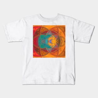 Mosaic Kaleidoscope Flower Teal Red and Orange Kids T-Shirt